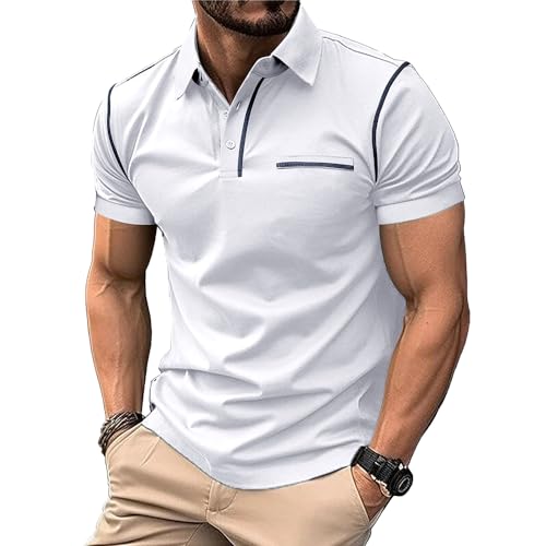 MakingDa Weiß Poloshirt Herren Kurzarm Schein-Tasche V-Ausschnitt Kragen Klassisch Lässig Regular Fit Einfarbig Polohemd Golf Tennis Laufen Leichtgewicht Sportkleidung Sommer Arbeit Poloshirt M von MakingDa