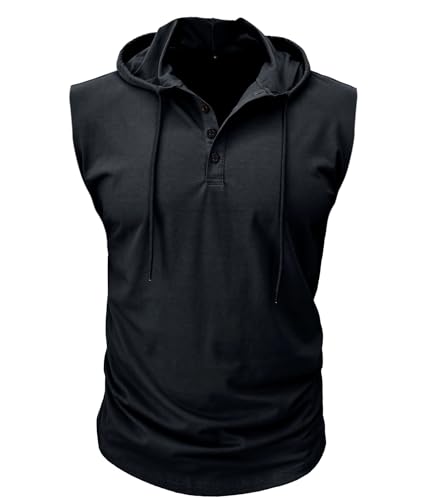MakingDa ärmellos Shirt Herren Knöpfe Muscle Gym Sommer Einfarbig Golf Freizeit Hoodie Klassisch Atmungsaktiv Leicht Slim Fit Passform Arbeits Weste Schwarz S von MakingDa
