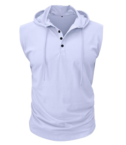 MakingDa ärmellos Shirt Herren Knöpfe Muscle Gym Sommer Einfarbig Golf Freizeit Hoodie Klassisch Atmungsaktiv Leicht Slim Fit Passform Arbeits Weste Weiß XL von MakingDa
