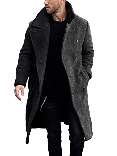 Herren Zweireihiger Trenchcoat Casual Reverskragen Business Winter Lange Mantel, dunkelgrau, Large von Makkrom