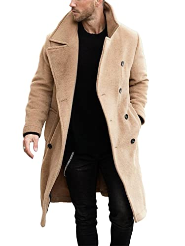 Herren Zweireihiger Trenchcoat Casual Reverskragen Business Winter Lange Mantel, khaki, Large von Makkrom