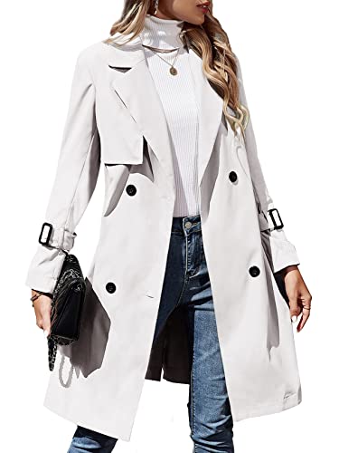 Makkrom Damen Zweireihiger Trenchcoat Klassischer Revers Mantel Slim Outwear mit Gürtelschnalle, Weiss/opulenter Garten, L von Makkrom