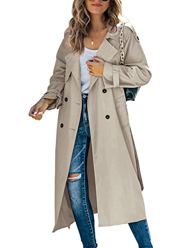 Makkrom Damen Zweireihiger langer Trenchcoat Winddicht Klassisch Revers Slim Mantel mit Gürtel, 01 Khaki, XX-Large von Makkrom