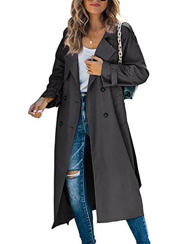Makkrom Damen Zweireihiger langer Trenchcoat Winddicht Klassisches Revers Slim Overcoat mit Gürtel, dunkelgrau, Large von Makkrom
