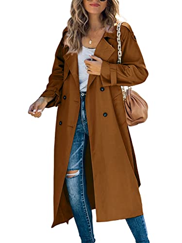 Makkrom Damen Zweireihiger langer Trenchcoat winddichter klassischer Revers schmaler Mantel mit Gürtel, 01 Braun, XL von Makkrom