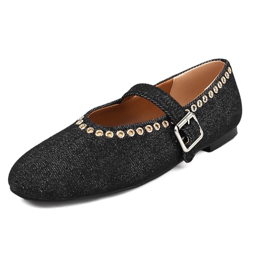 Makmeoyw Ballet Flachs für Frauen Süß Mary Jane Schuhe Slip-On Metallic Flachs Black Runde Zehen Denim Ballerina Schnalle Strap Schuhe Dress Arbeit Buro Flachs Size 13 von Makmeoyw