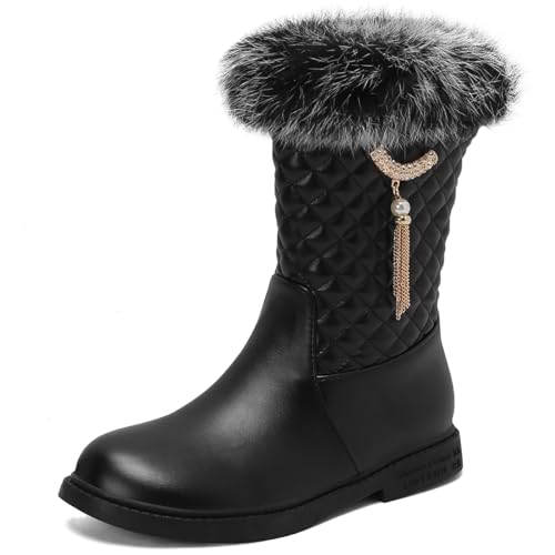 Makmeoyw DaHerren Fell Lined Mid Calf Stiefel Fellry Flach Female Winterstiefel Side Zipper Runde Zehen Gingham Schneestiefel Party Black Warm Gefüttert Stiefel Size 3 von Makmeoyw