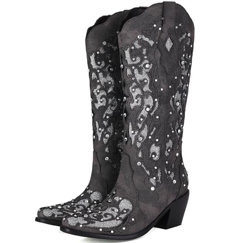 Makmeoyw DaHerren Glitzer Rhinestone Cowgirl Stiefel Embroidered Crystal Retro Cowboy Stiefel Pull On Snip Toe Chunky Heel Black Mid Calf Stiefel Size 11.5 Makmeoyw DaHerren Glitzer Rhinestone Cowgirl Stiefel Embroidered Crystal Retro Cowboy Stiefel Pull On Snip Toe Chunky Heel Black Mid Calf Stiefel Size 11.5 von Makmeoyw