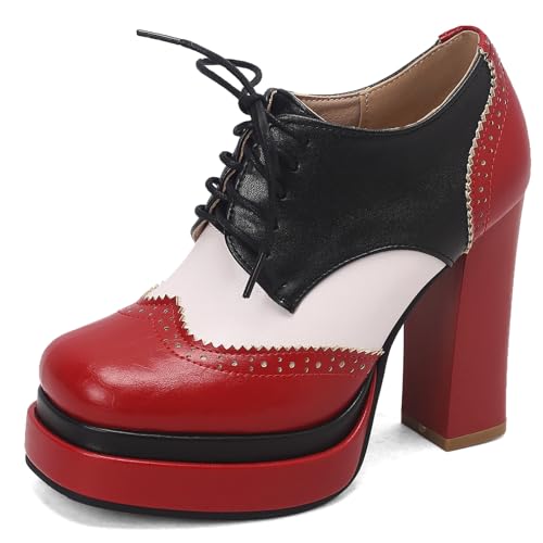 Makmeoyw DaHerren Jahrgang Mixed Colors Oxfords Schuhe Block Heel Square Toe Schnüren Brogue Pumps Polyurethane Party Dress Red Plateau Heel Arbeit Buro Frühjahr Schuhe Size 6 von Makmeoyw