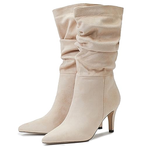 Makmeoyw DaHerren Slouch Mid Calf Stiefel Stiletto Heel Mid High Wildleder Stiefel Apricot Pointed Toe Pleated Mid Stiefel Mode Silp On Mid Heel Stiefel Size 7 von Makmeoyw