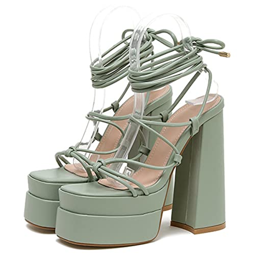 Makmeoyw Damens Romisch Plateau Heels Spitze-up Gladiator Sommer Sandalen Dress Sandalen Square Toe Strappy Heels Abend Party Heels Green Size 40 von Makmeoyw