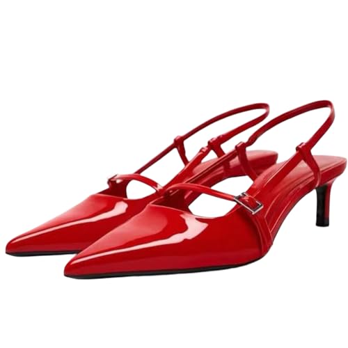Makmeoyw Kitten Heel für Frauen Stiletto Pointed Toe Schnalle Pumps Red Hochzeit Dress Low Heeled Sandalen Backless Pumps Schuhe Size 5 von Makmeoyw