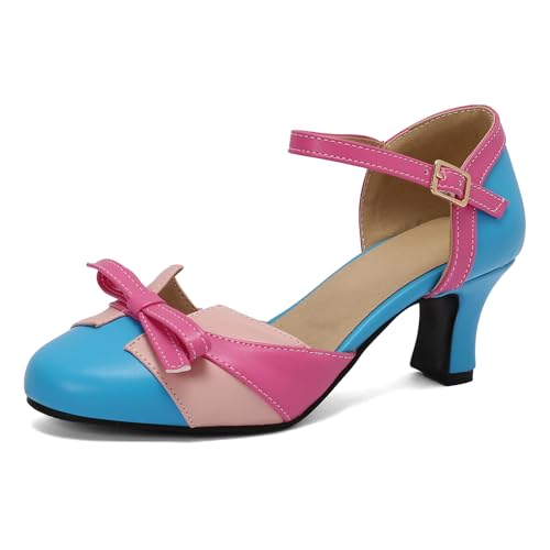 Makmeoyw Low Heel Colorful Bow Pumps für Frauen Block Heels Süss Frühjahr Schuhe Round Geschlossen Hochzeit Dress Knöchelriemchen Blue Sandalen Size 8 von Makmeoyw