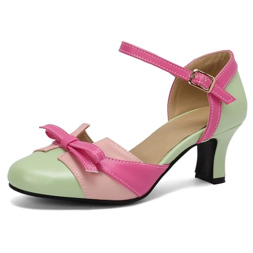 Makmeoyw Low Heel Colorful Bow Pumps für Frauen Block Heels Süss Frühjahr Schuhe Round Geschlossen Hochzeit Dress Knöchelriemchen Green Sandalen Size 8 von Makmeoyw