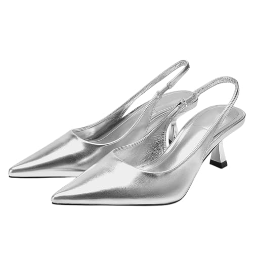 Makmeoyw Metallic Silver Slingback Pumps für Frauen Kitten Heel Closed Pointed Toe Sling Back Heels Abend Pumps Hochzeit Party Dress Sandalen Size 7 von Makmeoyw