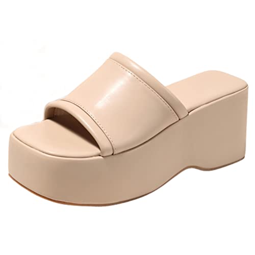 Makmeoyw Plateau Slides für Frauen Dress Pantoletten with High Heel Ohne Verschluss Square Toe Wedge Sandalen Plateau Heel Hausschuhes Slide-on Sandalen khaki Size 38 von Makmeoyw