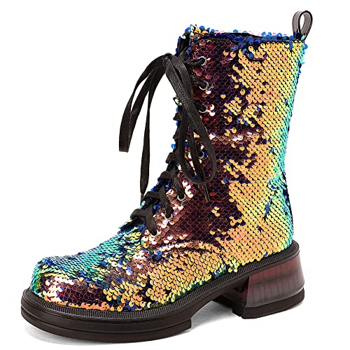 Makmeoyw Schnüren Sequin Stiefel für Frauen Glitzer Stiefel Chunky Heels Sparkly Stiefeletten Sparkly Knöchel Stiefel Runde Zehen Gold Sequin Ankle Stiefeletten Size 44 von Makmeoyw