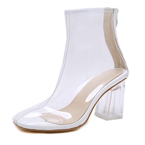 Makmeoyw Transparent Heel Square Toe Stiefeletten für Frauen Schnüren Geschlossen Perspex Block Heel Kn?chel Stiefel Sommer Clear Stiefeletten Clear Sandalen Zipper von Makmeoyw