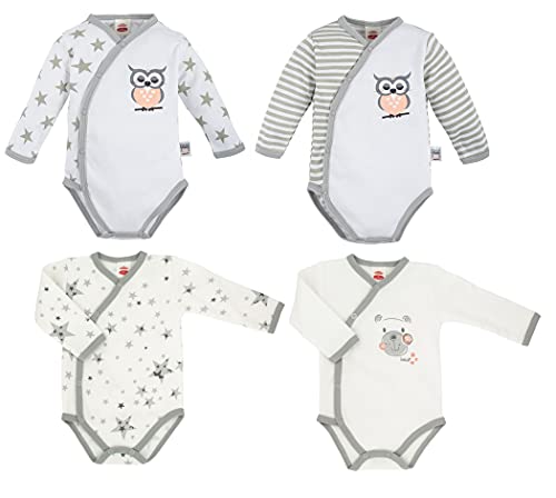 Makoma 100% Baumwolle Langarm Baby Body 4er Set Wickelbody Mädchen Eule & Teddy (68) von Makoma