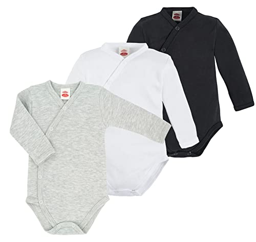 Makoma Baby Body Langarm Wickelbody 3er Pack für Neugeborene Jungen & Mädchen Unisex 100% Baumwolle (68, Schwarz/Weiß/Grau) von Makoma