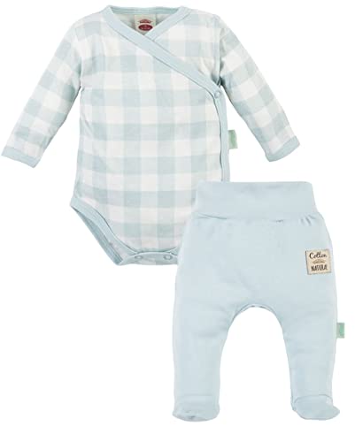 Makoma Baby Body Langarm Wickelbody & Hose mit Fuß 2tlg. - Erstausstattung Set für Neugeborene Jungen - Babykleidungsset (56, MochitoKariert) von Makoma