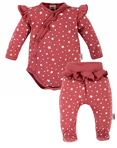 Makoma Baby Erstausstattung 2er Set – Baby Body Langarm Wickelbody - Strampelhose - Hose mit Fuß für Neugeborene Jungen und Mädchen – 100% Baumwolle (56, SterneRot) von Makoma