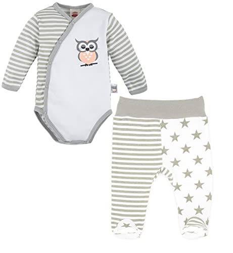 Makoma Baby Erstausstattung Neugeborenen Set 2tlg. Baby Body & Strampelhose mit Fuß Unisex (62, Eule Streifen) von Makoma