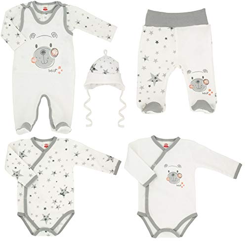 Makoma Baby Erstausstattung Set Unisex 6tlg. Strampler Set mit Langarmshirt Body Hose & Mütze -Teddy, Weiß, 68 von Makoma