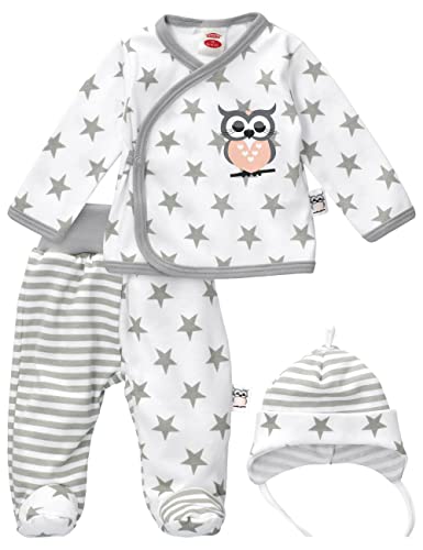 Makoma Baby Outfit - Baby Wickelshirt & Baby Hose & Baby Mütze in weiß-grau/ Motiv Eule Sterne/ Babyset 3 Teile für Neugeborene & Kleinkinder Größe: 12 Monate (80) von Makoma