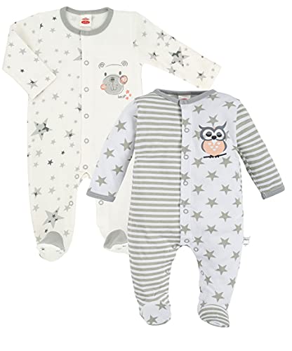 Makoma Baby Schlafstrampler mit Fuß 2er Set Strampler Neutral für Säuglinge & Neugeborene Jungen & Mädchen -Eule & Teddy- -Eule & Teddy- (68) von Makoma