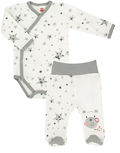 Makoma Baby Erstausstattung Neugeborenen Set 2tlg. Baby Body & Strampelhose mit Fuß Unisex (68, Teddy-Sterne) von Makoma