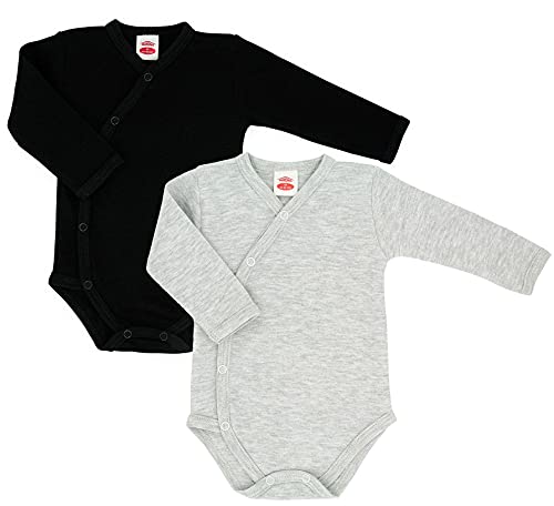 Makoma Baby Body Jungen Langarm Wickelbody - 2er Pack Baby Body Mädchen - Unisex Neugeborene Säuglinge Erstausstattung - 100% Baumwolle (62, Schwarz/Grau) von Makoma