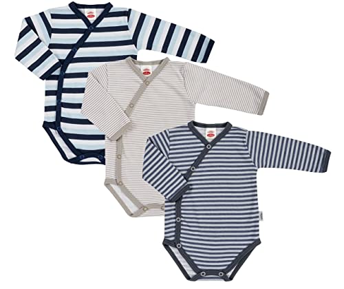 Makoma Body Baby Junge - Unisex Wickelbody 3er Set Langarm - Body Baby Mädchen - Baby Erstausstattung Neugeborene - 100% Baumwolle - Baby Geschenk (Gestreift, 62) von Makoma