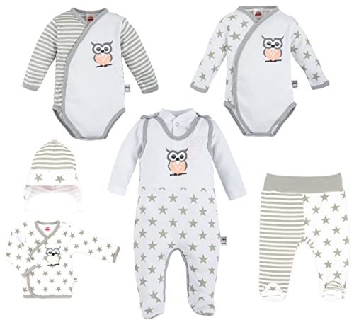 Makoma Erstausstattung Set - 7tlg. - Kleidungsset für Neugeborene Mädchen Babykleidung - Geschenk zur Geburt -100% Baumwolle -Eule Rosa- (56) von Makoma