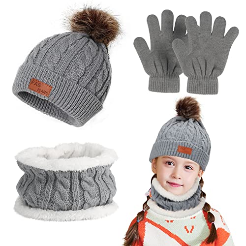 Makone Kinder Wintermütze und Schal Handschuh Set, Kinder Jungen und Mädchen Winter Dicke Wolle Warme Strickmütze und Schal Set (Grau) von Makone