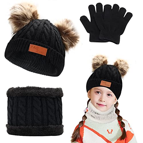 Makone Wintermütze und Schal Set für Kinder, Winter Dickes Fleece Thermo Strickmütze und Schal Set für Kinder, Jungen und Mädchen (Schwarz) von Makone