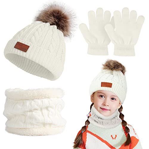 Makone Wintermütze und Schal Set für Kinder, Winter Dickes Fleece Thermo Strickmütze und Schal Set für Kinder, Jungen und Mädchen (Weiß) von Makone