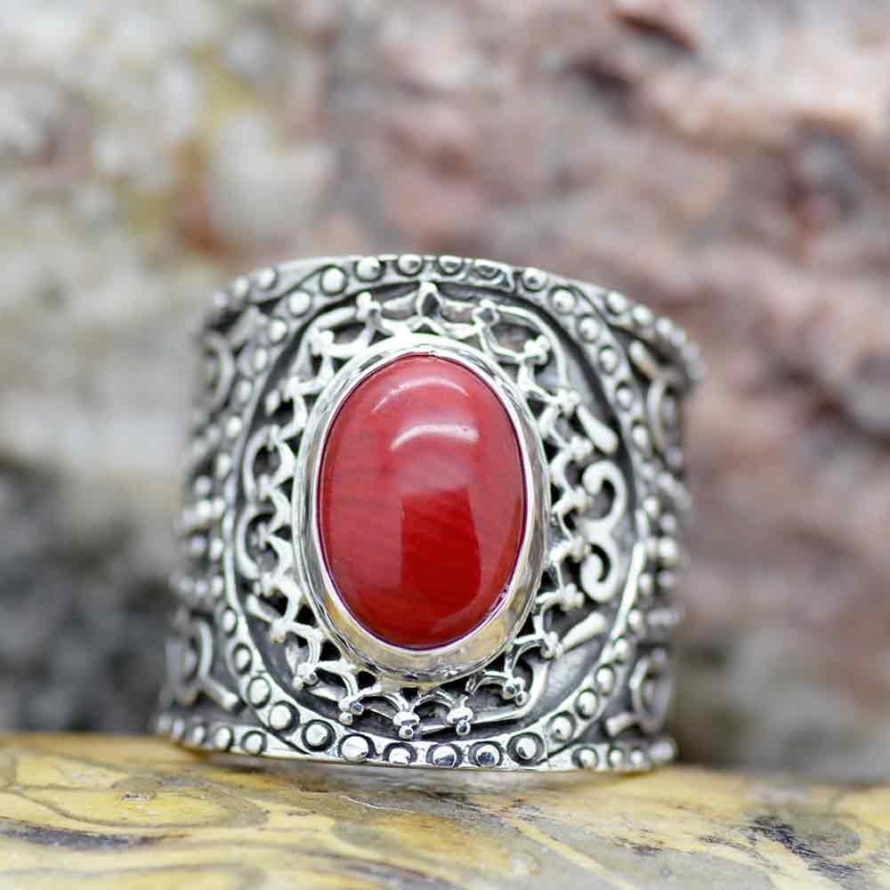 Ausgefallener Handgemachter Breitband Rot Koralle Sterling Silber Damen Ring .925 von MakoshopStore