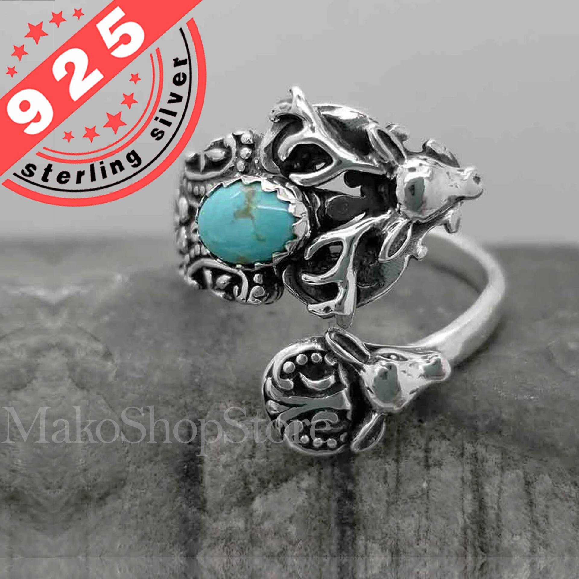 Reh Verstellbar Löffel Ring Mit Türkis Für Damen in Sterling Silber 925 Handgemachte Qualitätsring von MakoshopStore