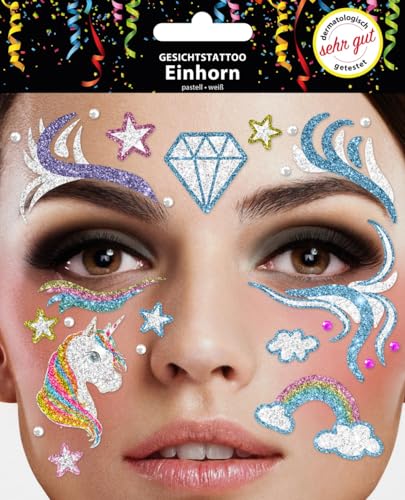 Gesichtstattoo - Glitzer Aufkleber Klebetattoos Temporäres Glitter Face Tattoo Motto Party Karneval Halloween (Einhorn) von Makotex