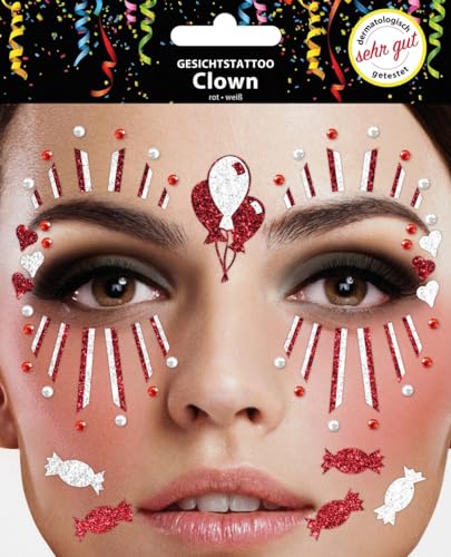 Gesichtstattoo - Glitzer Aufkleber Klebetattoos Temporäres Glitter Face Tattoo Motto Party Karneval Halloween (Clown Rot Weiß) von Makotex