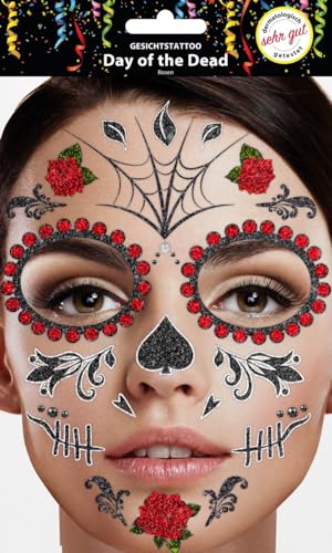 Gesichtstattoo - Glitzer Aufkleber Klebetattoos Temporäres Glitter Face Tattoo Motto Party Karneval Halloween (Day of Dead Rose) von Makotex