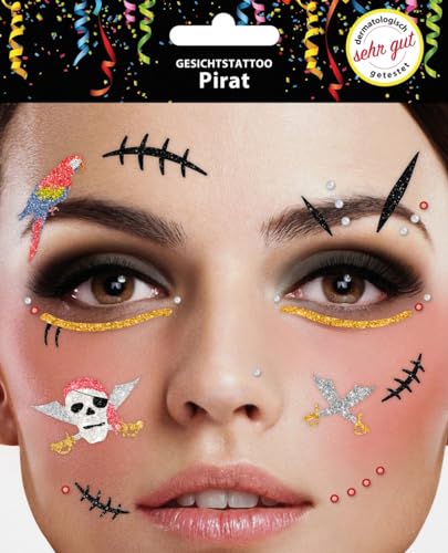 Gesichtstattoo - Glitzer Aufkleber Klebetattoos Temporäres Glitter Face Tattoo Motto Party Karneval Halloween (Pirat) von Makotex