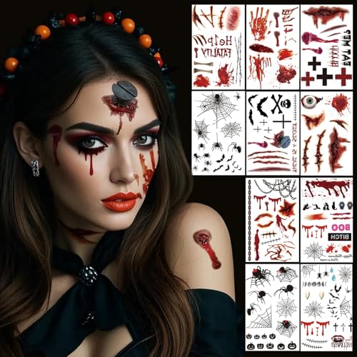 10 Blätt Halloween Tattoo Narben, Horror Kinder Erwachsene Gesichtstattoo, Horror Kostüm Karneval Schminke Accessoires, Fasching Zombie Hexe Vampir Damen Gruselig Teufel Gesicht Aufkleber, Spinnen von Makoto Nobu