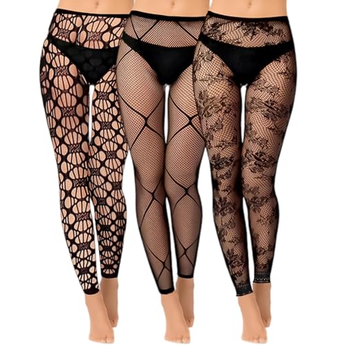 Makoto Nobu 3 stück Strumpfhosen Damen Muster, Floral Strumpfhose Spitze, Schwarz Netzstrumpfhosen Gotisch Gemustert Strumpfhosen mit Hoher Taille Halloween Fußlos Fischernetz Leggings von Makoto Nobu