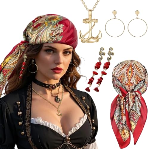 Makoto Nobu 4 Stück Piratenkostüm Damen, Frauen Piraten Accessoires Karneval, Kopftuch, Halskette, Haarschmuck, Ohrringe, Hallowee Kostüm Fasching, Karneval Damen Pirat von Makoto Nobu