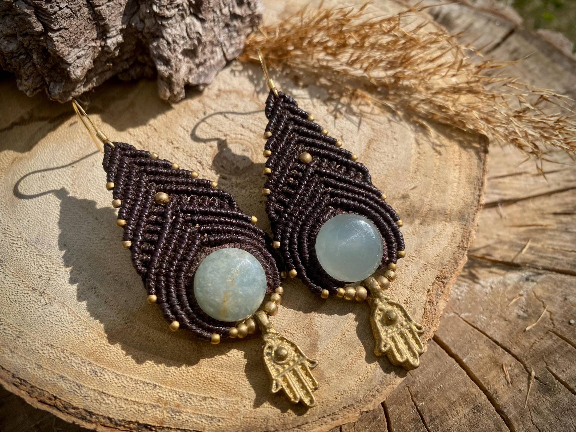 Makramee Ohrringe Onyx Cielo Edelstein Hamsa von MakraSpiritDesigns