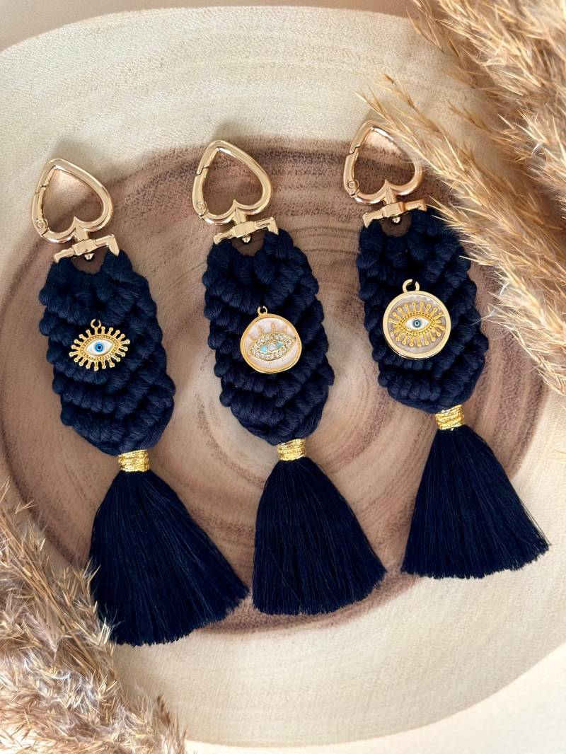 Makramee Nazar/Evileye Auge Goldherz Schlüsselanhänger Geschenk Idee in Schwarz von MakrameebyhilalShop