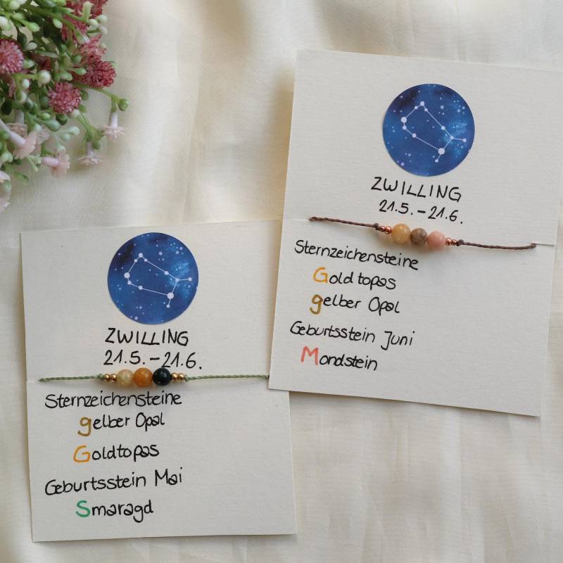 Zwilling Sternzeichen Armband, Sternzeichenschmuck, Zierliches Edelstein Armband Damen von Makrameena