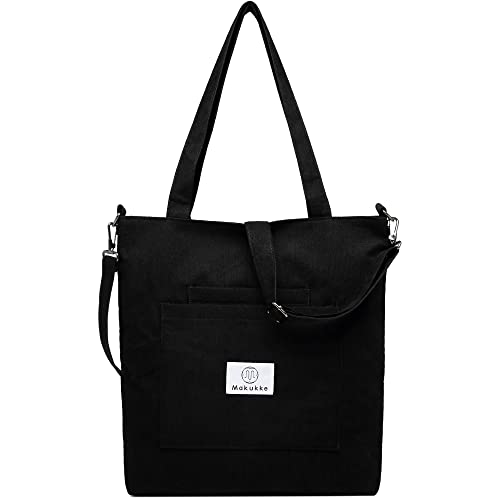 Makukke Cord Bag Damen Umhängetaschen mit Reißverschluss, Shopper Damen Groß Tote Bag Handtasche Schultertaschen für Arbeit Büro Reisen Einkaufen Schule und Alltag, Schwarz, Large von Makukke